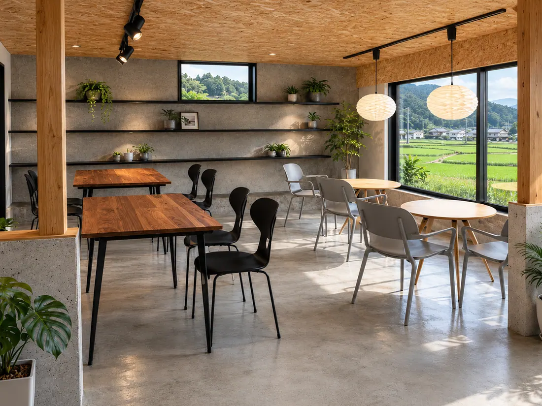 田園風景を望むカフェのインテリア